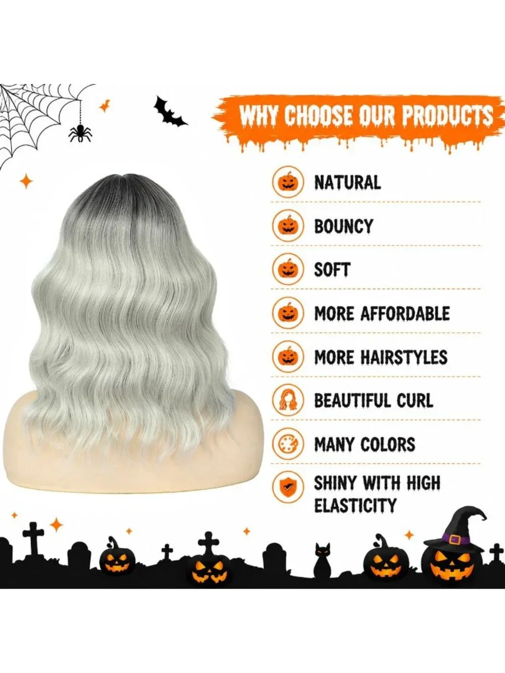 Women's Ombre Grey 14 Inch Heat Resistant Short Wavy Hair Pastel Bob Wig Bangs
